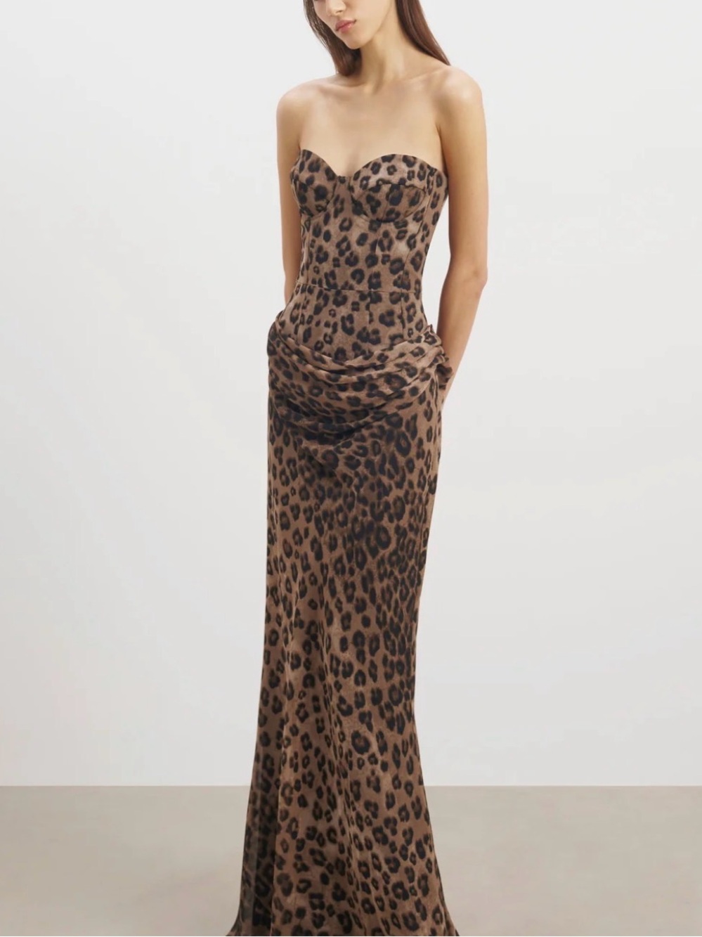 Strapless Leopard-Print Evening Gown in Brown